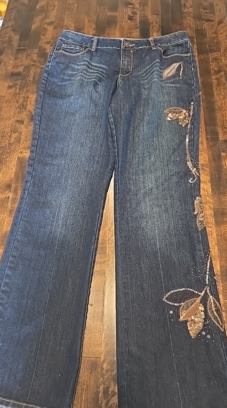 Coldwater Creek Dark Blue Embroidered Wide Leg Jeans Sz 12